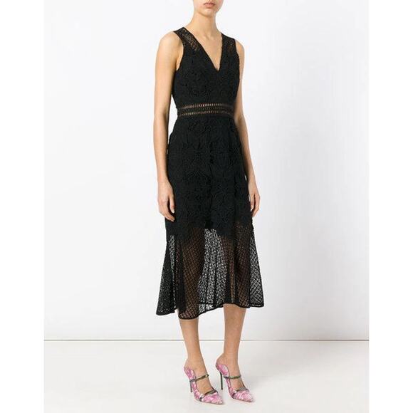 Jonathan Simkhai Black Lace & Crochet Corded Fluted Midi Dress, Sz 0 NWT - Picture 2 of 9